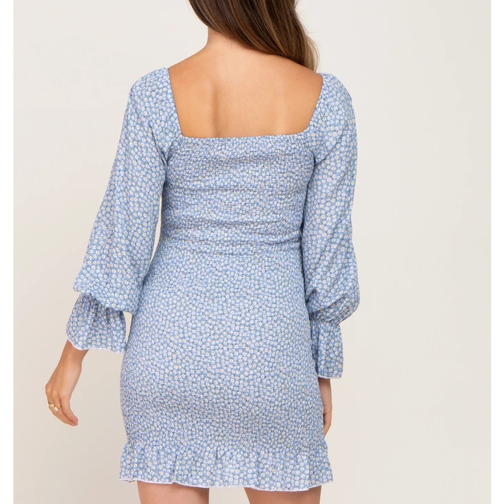 Pink Blush Light Blue Ditsy Floral Smocked Long Sleeve Maternity Mini Dress